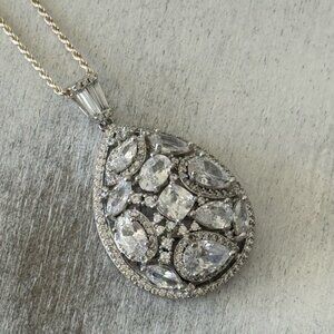 FZN 925 Sterling Silver Necklace w Filigree Teardrop Crystals Pendant 13" long